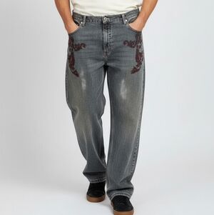 Ebolution in Design Sz 44 Red Dragon print grunge distressed Y2K black baggy